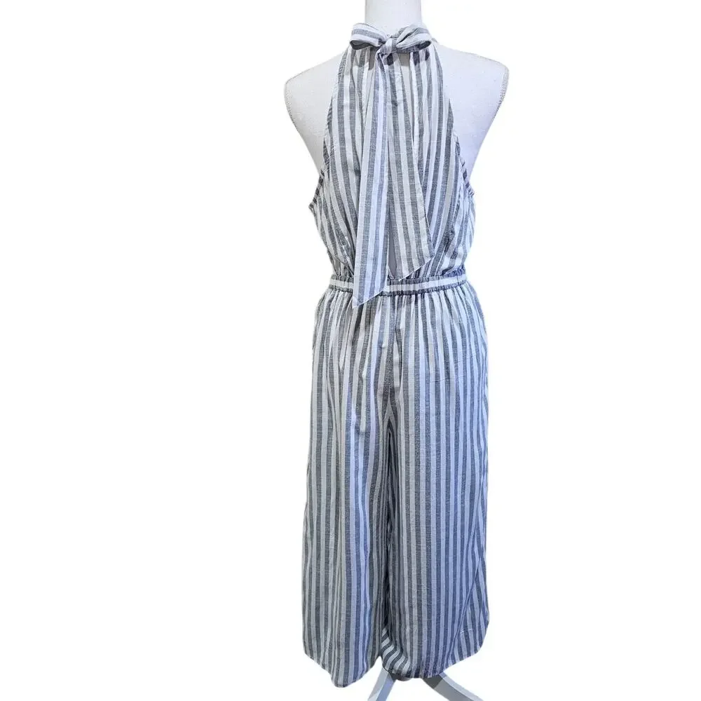 American Eagle Striped Wide Leg Jumpsuit Halter Open Back Size M - Picture 4 of 8